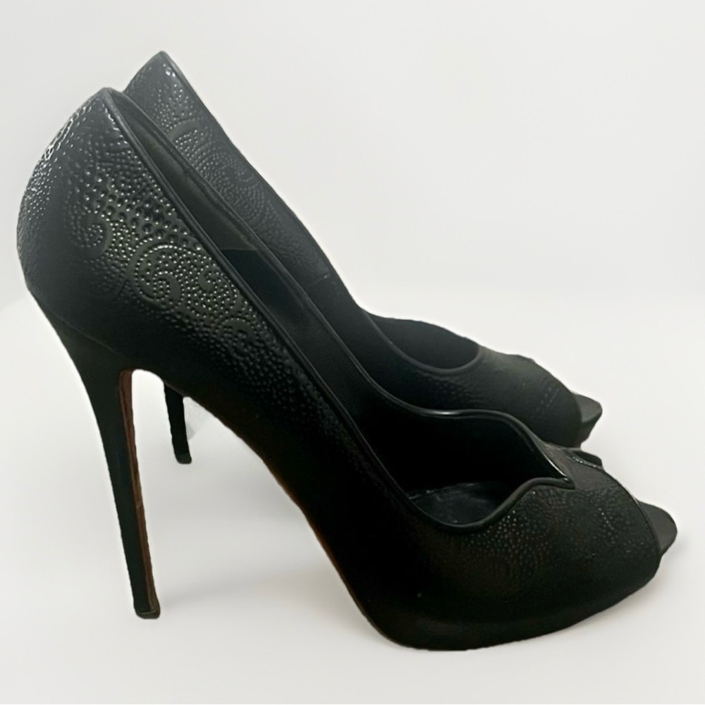 Alexander McQueen Leather Designer Stiletto Heels Womens 8 Black Paisley Luxury - Picture 8 of 16